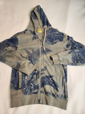 Vintage Analog Grey and Blue Printed Zip-Up Hoodie Jacket
